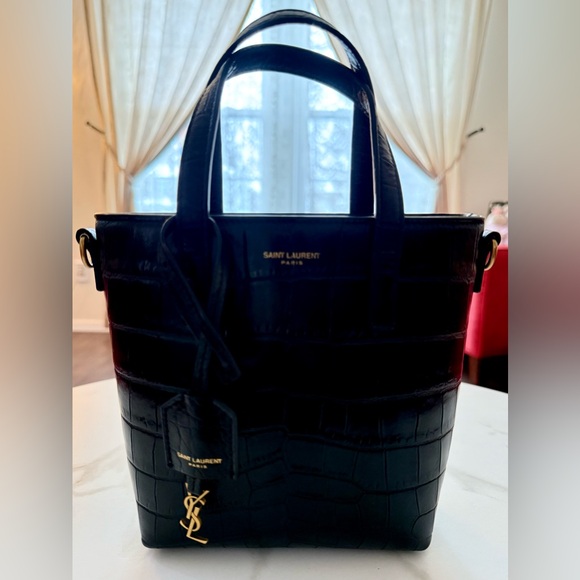 SAINT LAURENT Mini Toy Shopping in Crocodile-Embossed Leather - Black YSL - Picture 1 of 11